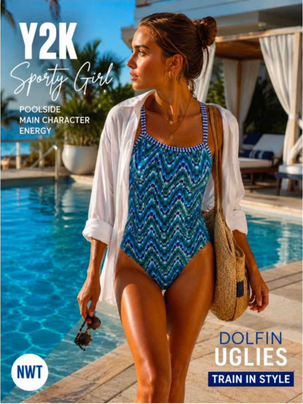 Dolfin Uglies Blue Zig Zag One Piece Swimsuit NWT Y2K Swim Training Suit Size 30